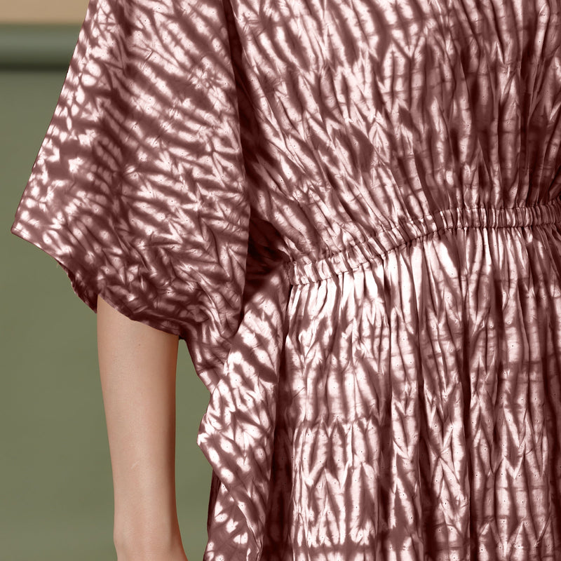 Front Detail of a Model wearing Sangria Wine Shibori Kaftan Dress