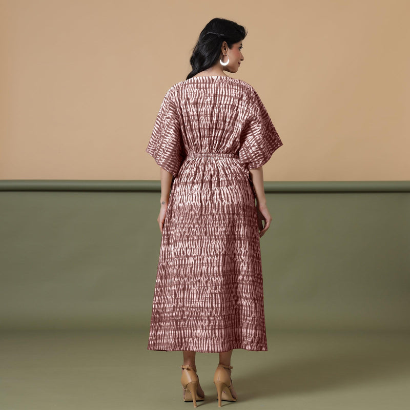 Back View of a Model wearing Sangria Wine Shibori Kaftan Dress