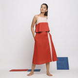 Right View of a Model wearing Handspun Brick Red Top and Midi Skirt Set