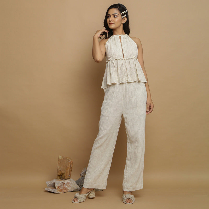 Front View of a Model wearing Sassy Ecru Crinkled Top and Mid-Rise Pant Set