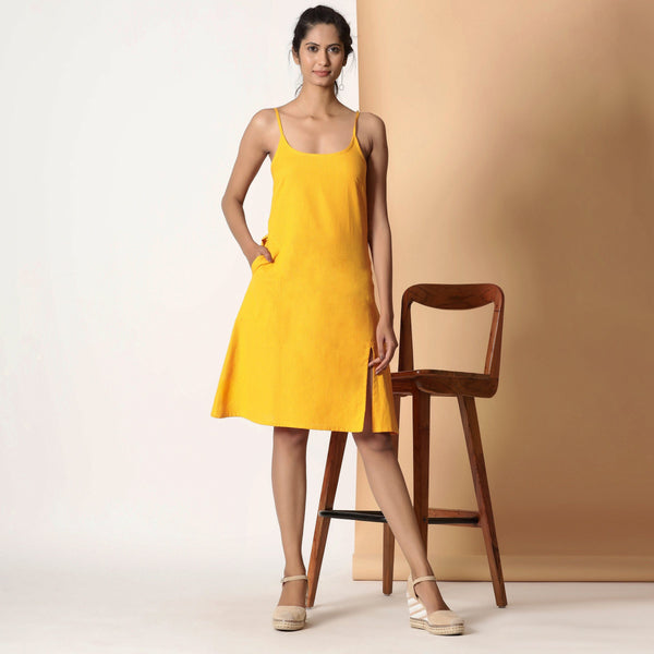 Front View of a Model wearing Sassy Yellow Cotton Flax Strappy Slit Dress
