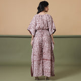 Back View of a Model wearing Maroon Tie-Dye Cotton V-Neck Kimono Sleeves Kaftan Jumpsuit
