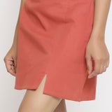 Left Detail of a Model wearing Brick Red Cotton Short A-Line Skirt