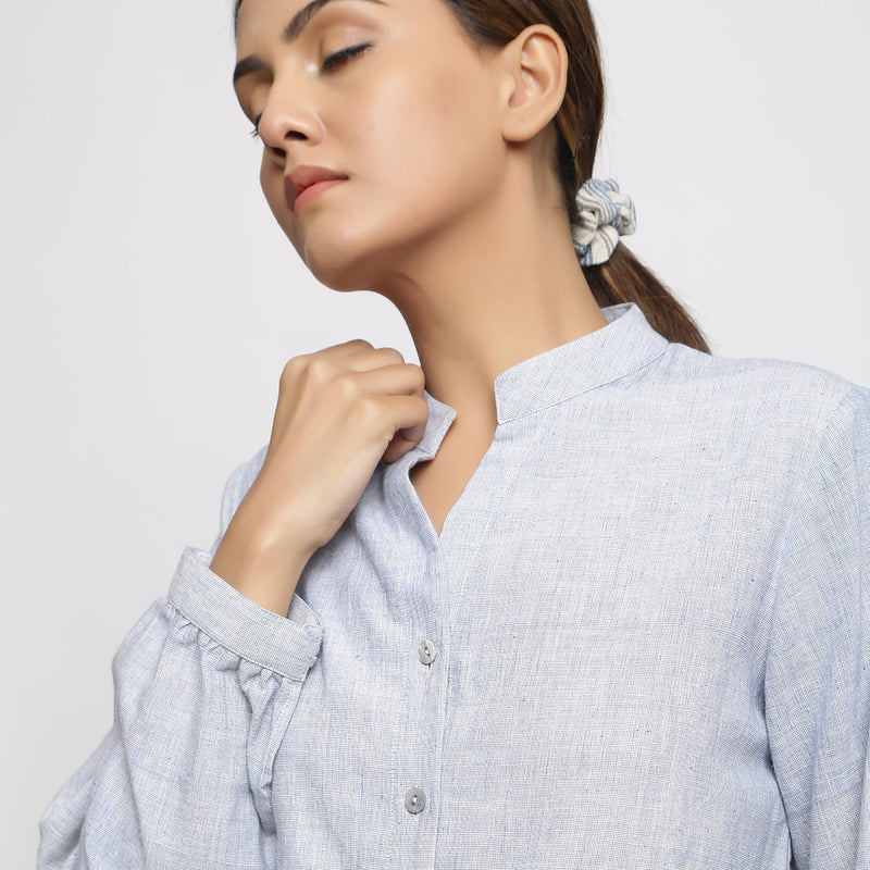 Front Detail of a Model wearing Sky Blue Yarn Dyed Handspun Cotton Mandarin Collar Shirt