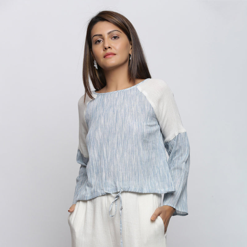 Front View of a Model wearing Sky Blue Yarn Dyed Cotton Straight Top