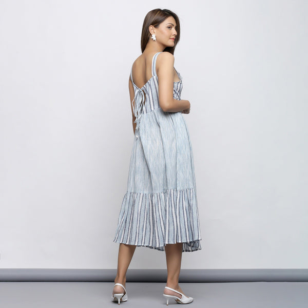Back View of a Model wearing Sky Blue Tiered Yarn Dyed Striped Dress