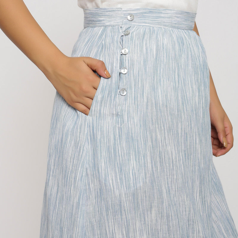 Front Detail of a Model wearing Sky Blue Yarn Dyed Cotton Relaxed Fit Skirt