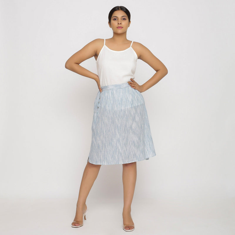 Front View of a Model wearing Sky Blue Yarn Dyed Cotton Relaxed Fit Skirt