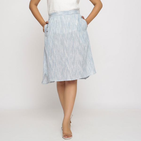 Front View of a Model wearing Sky Blue Yarn Dyed Cotton Relaxed Fit Skirt