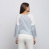 Back View of a Model wearing Sky Blue Yarn Dyed Cotton Straight Top