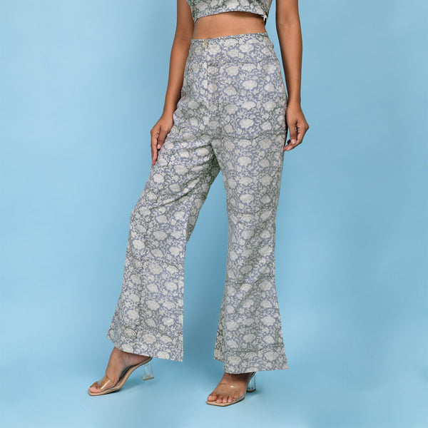 Left View of a Model wearing Block Printed Slate Blue Cotton Bootcut Pant