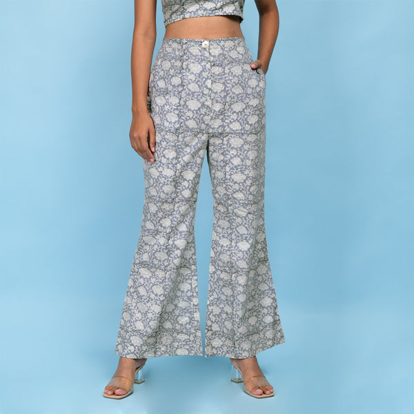 Front View of a Model wearing Block Printed Slate Blue Cotton Bootcut Pant