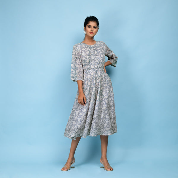 Front View of a Model wearing Slate Blue Block Printed Cotton Midi Dress