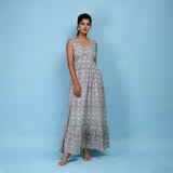 Front View of a Model wearing Slate Blue Block Printed Floor Length Cotton Dress