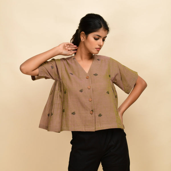 Front View of a Model wearing Slate Brown Paneled 100% Cotton Top