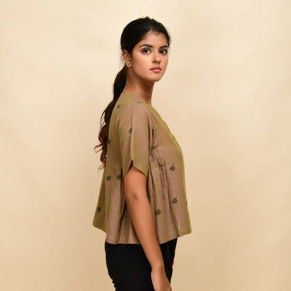 Right View of a Model wearing Slate Brown Paneled 100% Cotton Top