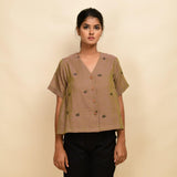 Front View of a Model wearing Slate Brown Paneled 100% Cotton Top
