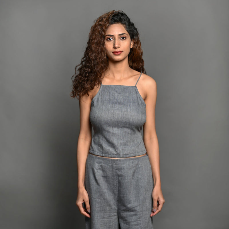 Front View of a Model wearing Slate Grey Handspun Cotton Backless Camisole Top