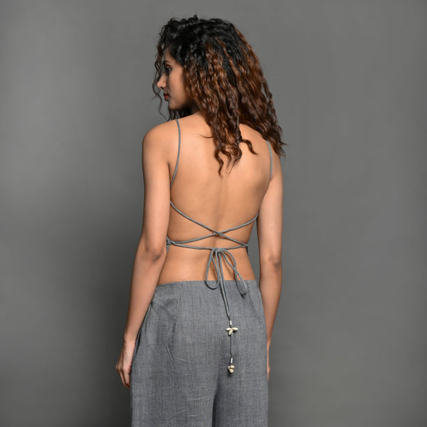 Back View of a Model wearing Slate Grey Handspun Cotton Backless Camisole Top