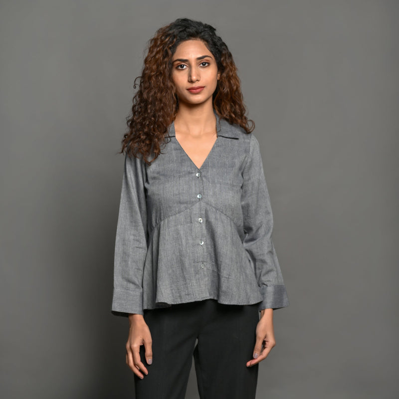 Front View of a Model wearing Slate Grey Handspun 100% Cotton Flat Collar Peplum Top