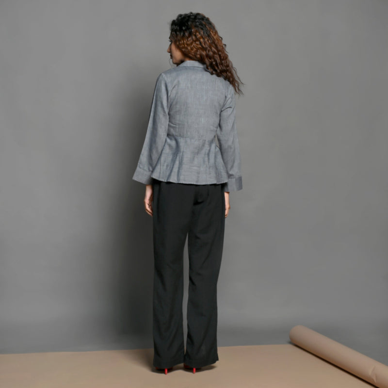 Back View of a Model wearing Slate Grey Handspun 100% Cotton Flat Collar Peplum Top