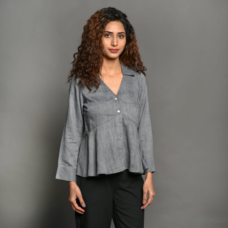 Front View of a Model wearing Slate Grey Handspun 100% Cotton Flat Collar Peplum Top
