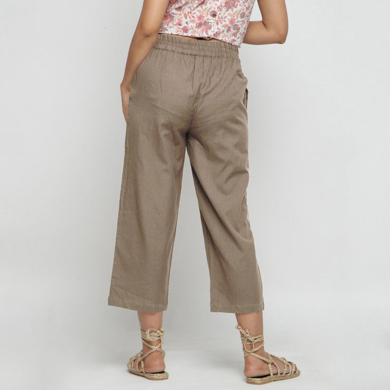 Back View of a Model wearing Solid Beige Cotton Flax Culottes