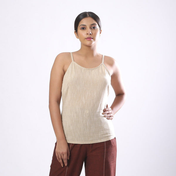 Front View of a Model wearing Solid Beige Cotton Flax Spaghetti Top