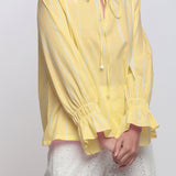 Front Detail of a Model wearing Yellow Hand Tie Dyed Shirred Blouson Top