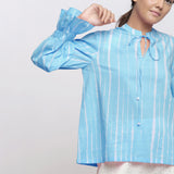 Front Detail of a Model wearing Blue Hand Tie-Dye Cotton Shirred Blouson Top