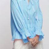 Front Detail of a Model wearing Blue Hand Tie-Dye Cotton Shirred Blouson Top