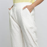 Front Detail of a Model wearing Cotton Schiffli White Elasticated Mid-Rise Pant