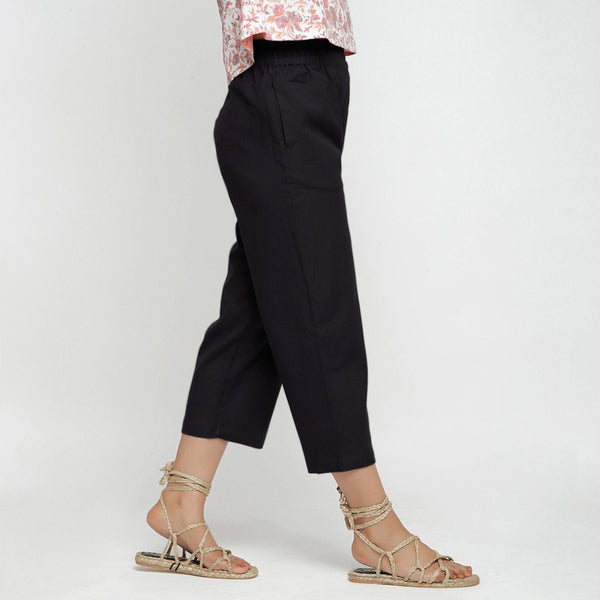 Right View of a Model wearing Solid Black Cotton Flax Culottes