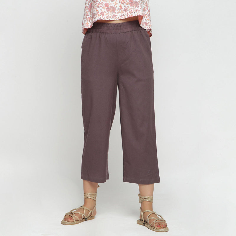 Front View of a Model wearing Solid Brown Cotton Flax Culottes