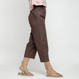 Right View of a Model wearing Solid Brown Cotton Flax Culottes