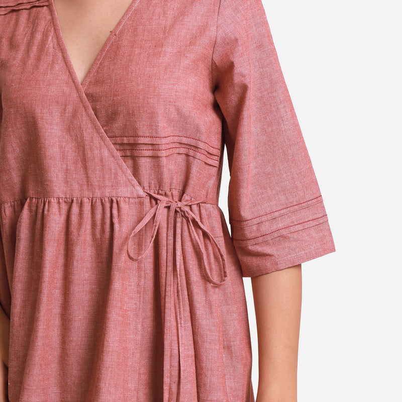 Front Detail of a Model wearing Solid Brown Tie Up Cotton Wrap Dress