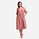 Front View of a Model wearing Solid Brown Tie Up Cotton Wrap Dress