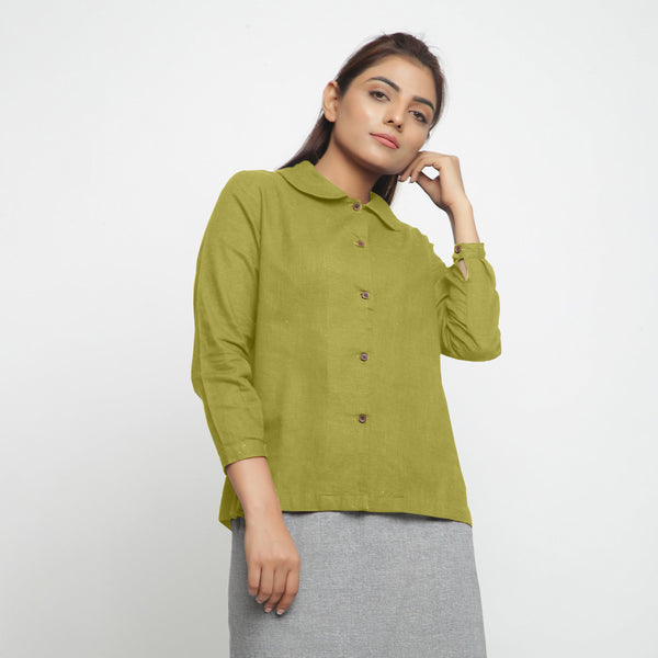 Front View of a Model wearing Solid Green Peter Pan Collar Shirt