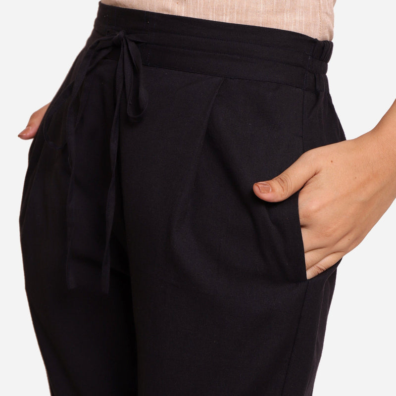 Front Detail of a Model wearing Black Cotton Flax Wide Legged Pant