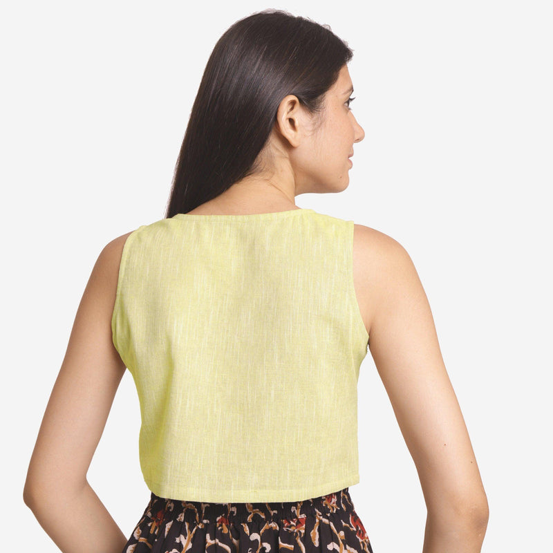 Back View of a Model wearing Solid Lemon Yellow Yarn Dyed Cotton Crop Top