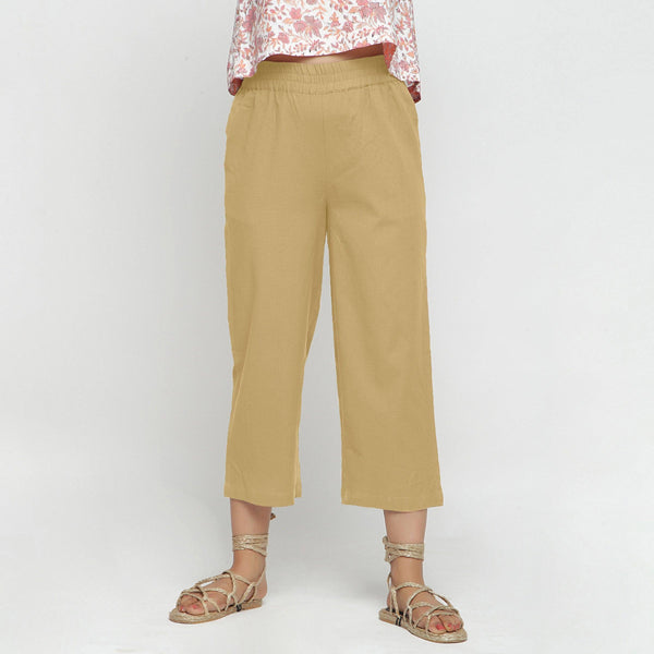Front View of a Model wearing Solid Light Khaki Cotton Flax Culottes