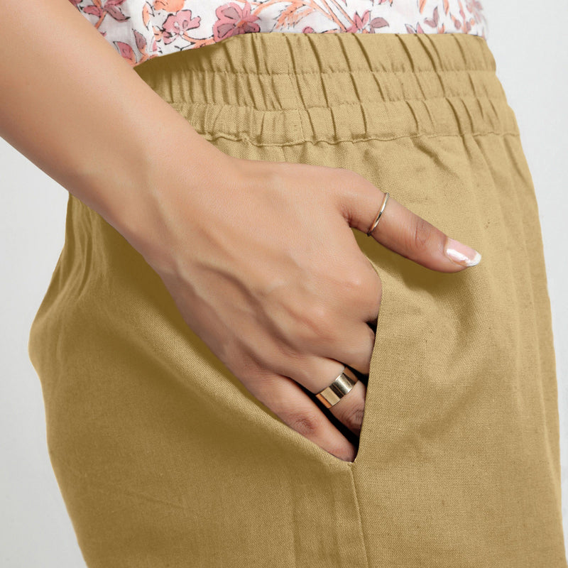 Right Detail of a Model wearing Solid Light Khaki Cotton Flax Culottes