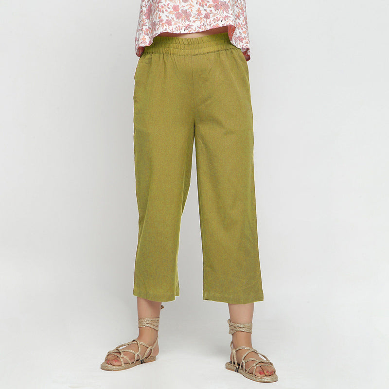 Front View of a Model wearing Solid Olive Green Cotton Flax Culottes