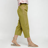Right View of a Model wearing Solid Olive Green Cotton Flax Culottes