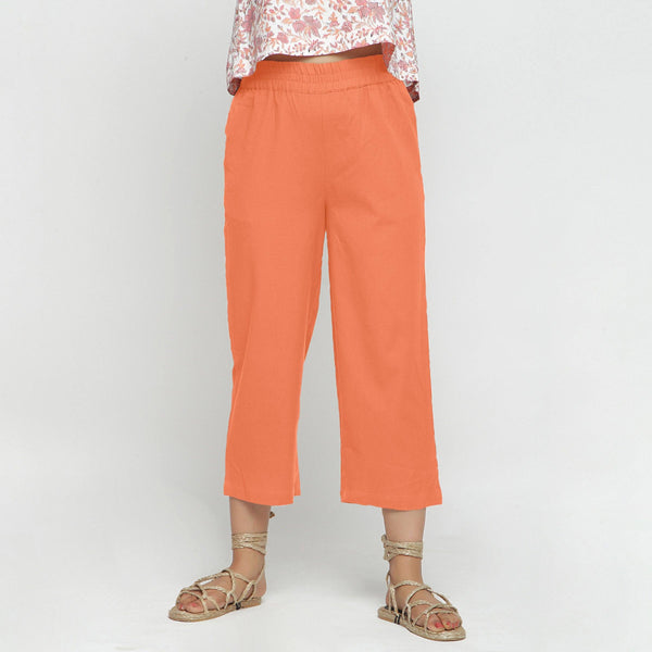 Front View of a Model wearing Solid Peach Cotton Flax Culottes