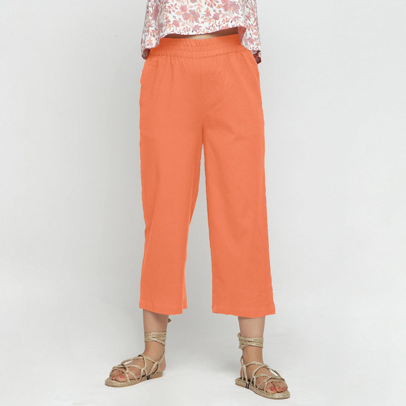 Front View of a Model wearing Solid Peach Cotton Flax Culottes