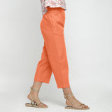Right View of a Model wearing Solid Peach Cotton Flax Culottes