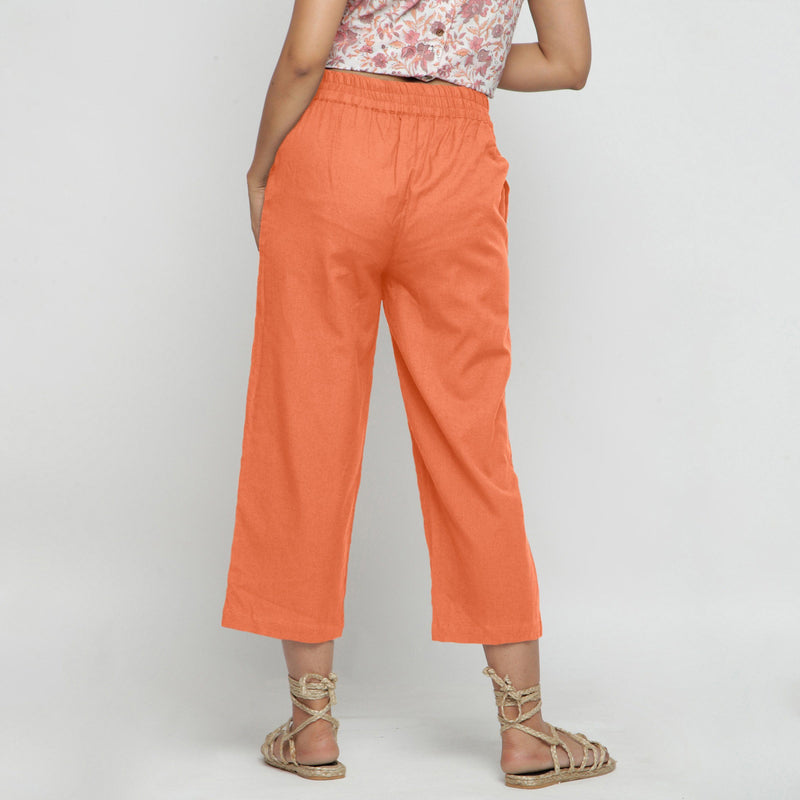 Back View of a Model wearing Solid Peach Cotton Flax Culottes