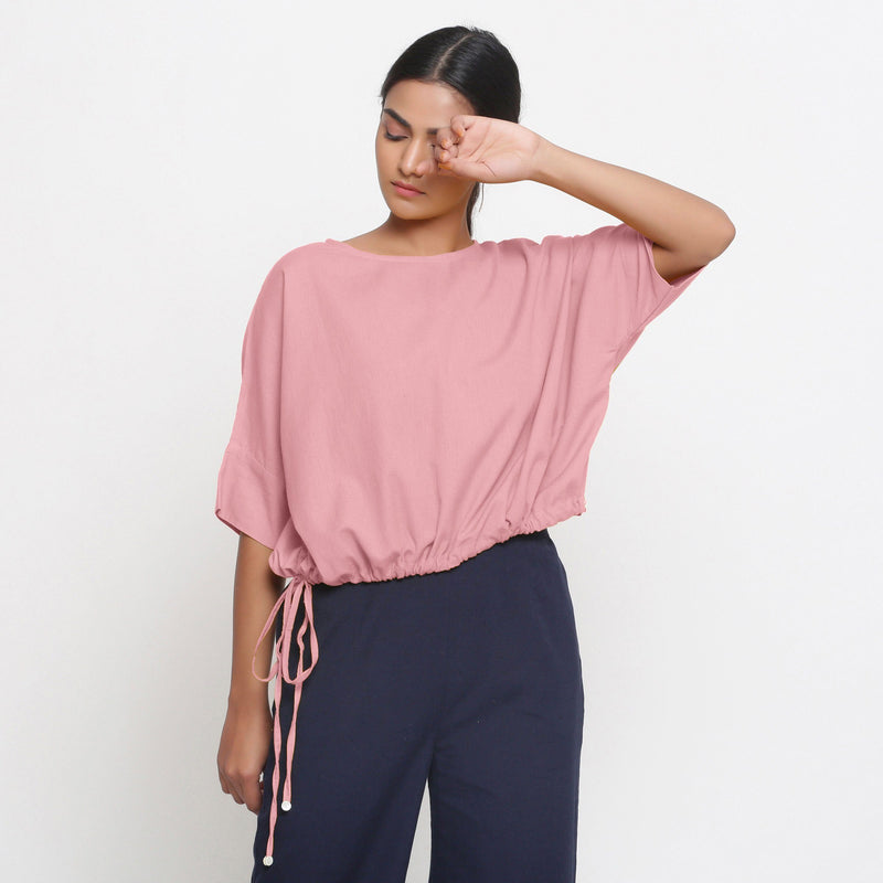Front View of a Model wearing Solid Pink Cotton Flax Blouson Top