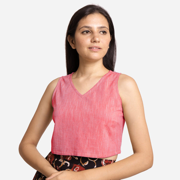 Front View of a Model wearing Solid Pink Yarn Dyed Cotton Crop Top